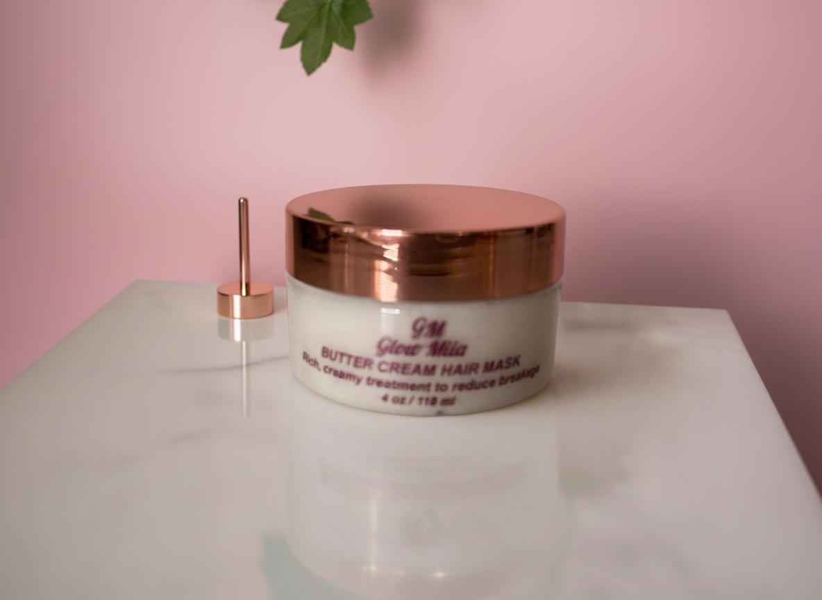 Jar of hair mask with rose gold lid on a marble surface