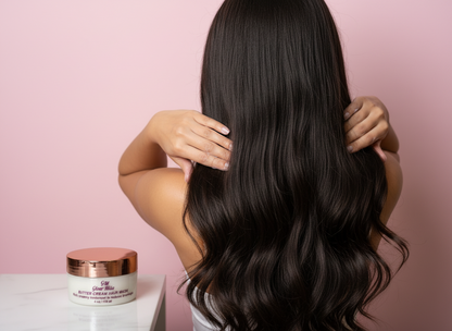 Jar of hair mask with rose gold lid on a marble surface