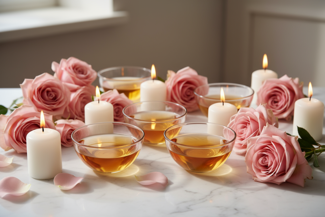 do diferent glass pink bowls with oils inside and around diferent pink rosas and candles no lebel no brands no names everythink elegant 