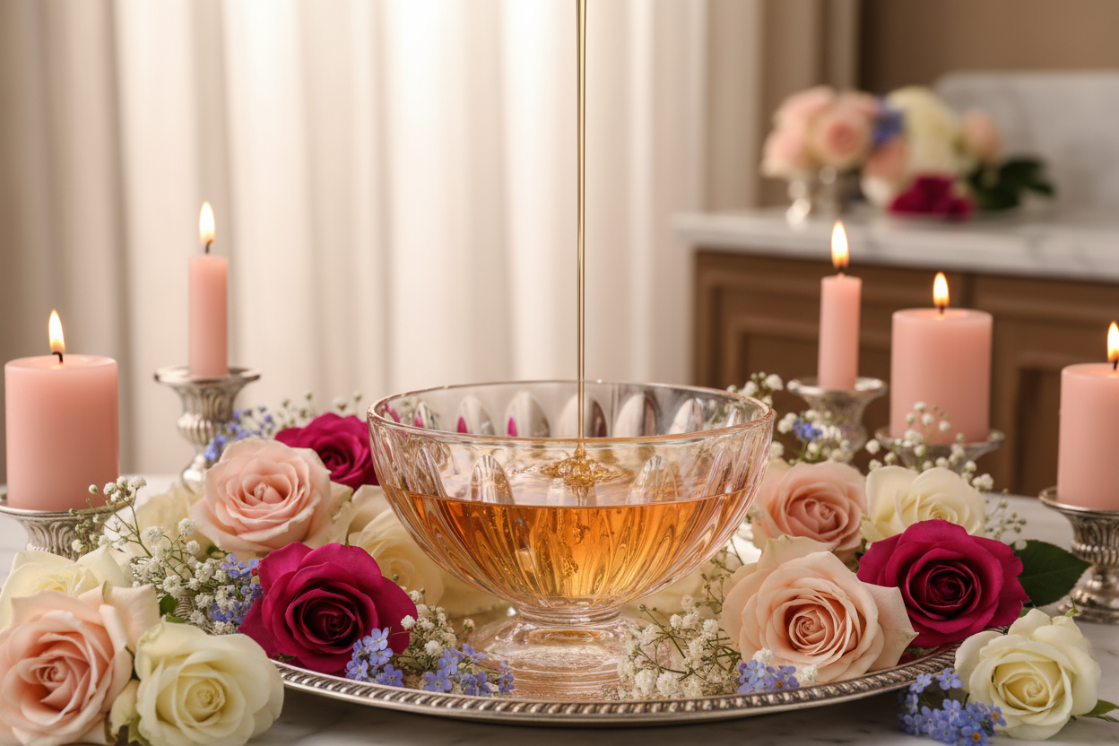 hair oil droping in a cristal elegant pink bowl en rosas around and diferent flower and elegant pink candles