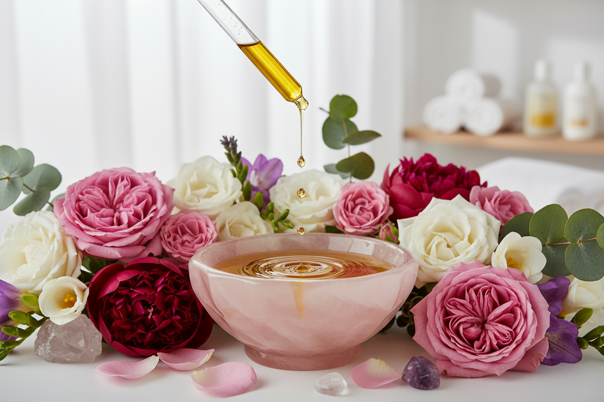 Oils dropping in a pink Cristal bowl with beautiful flowers